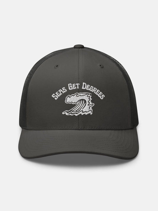 Endless Wave Trucker Hat front view in charcoal — Seas Get Degrees coastal hat