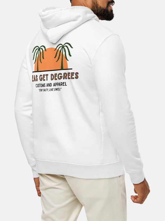 Model wearing Live Swell Cruiser Hoodie back in white — Seas Get Degrees men's coastal hoodie