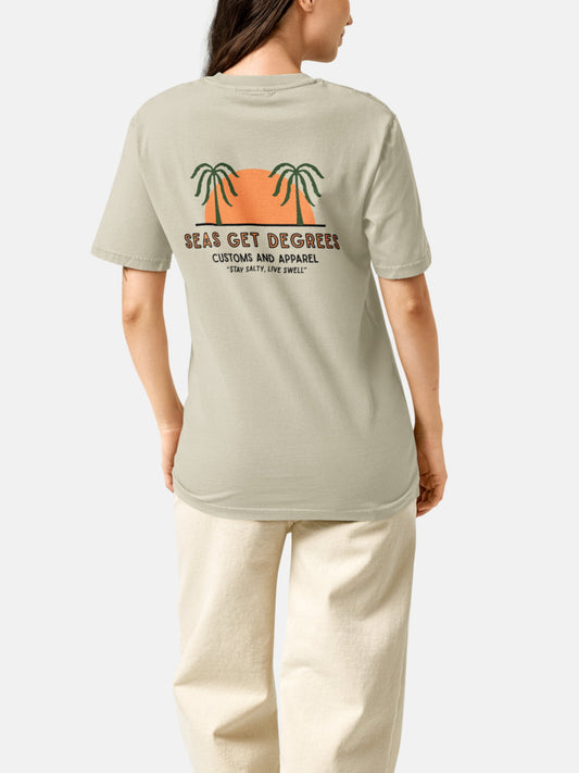Model wearing Live Swell Tee back in stone — Seas Get Degrees women's coastal tee