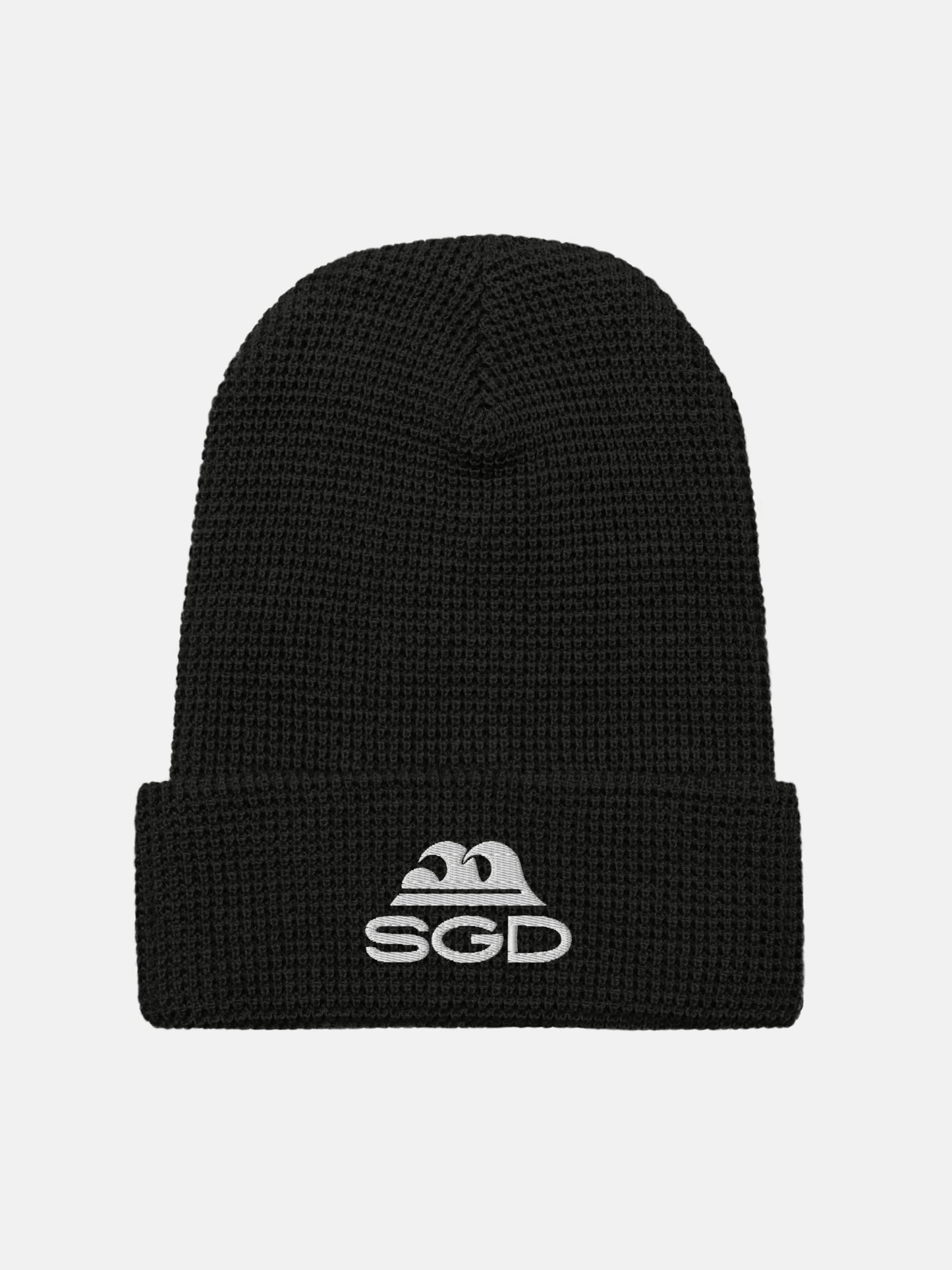 SGD Waffle Beanie front view in black — Seas Get Degrees coastal beanie