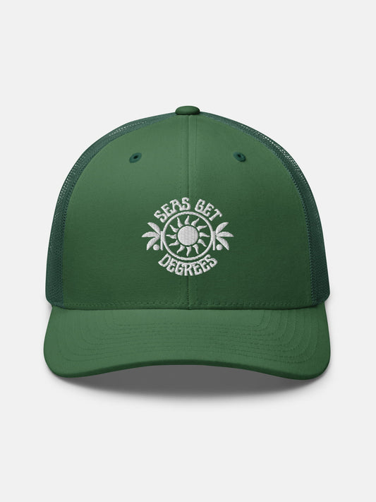 Sun and Shade Trucker Hat front view in evergreen — Seas Get Degrees coastal hat