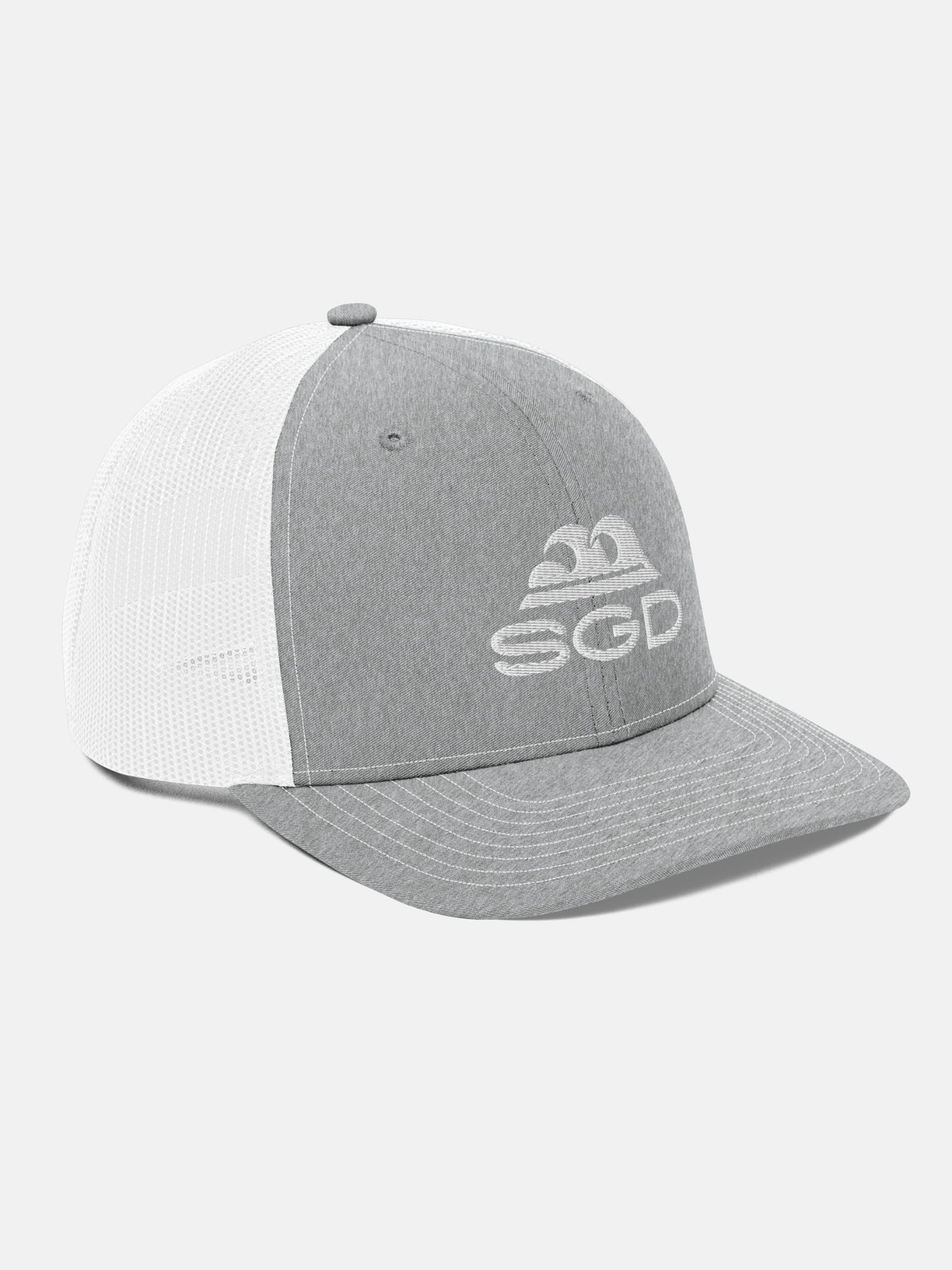 Swell SGD Trucker Hat front right view in gray and white — Seas Get Degrees