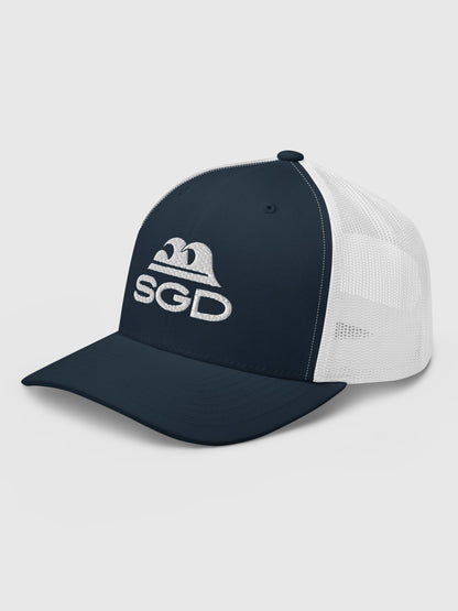 Blue Tide SGD Trucker Hat front left view in navy and white — Seas Get Degrees