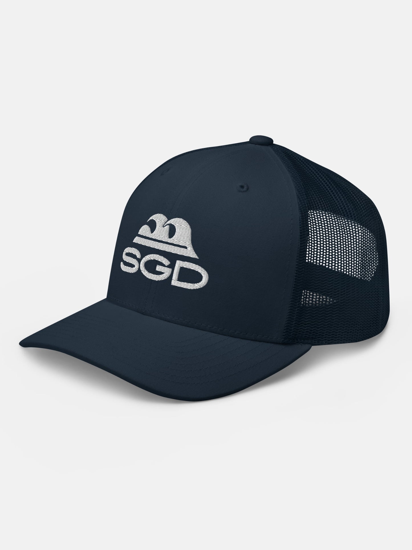 Blue Tide SGD Trucker Hat front left view in navy — Seas Get Degrees
