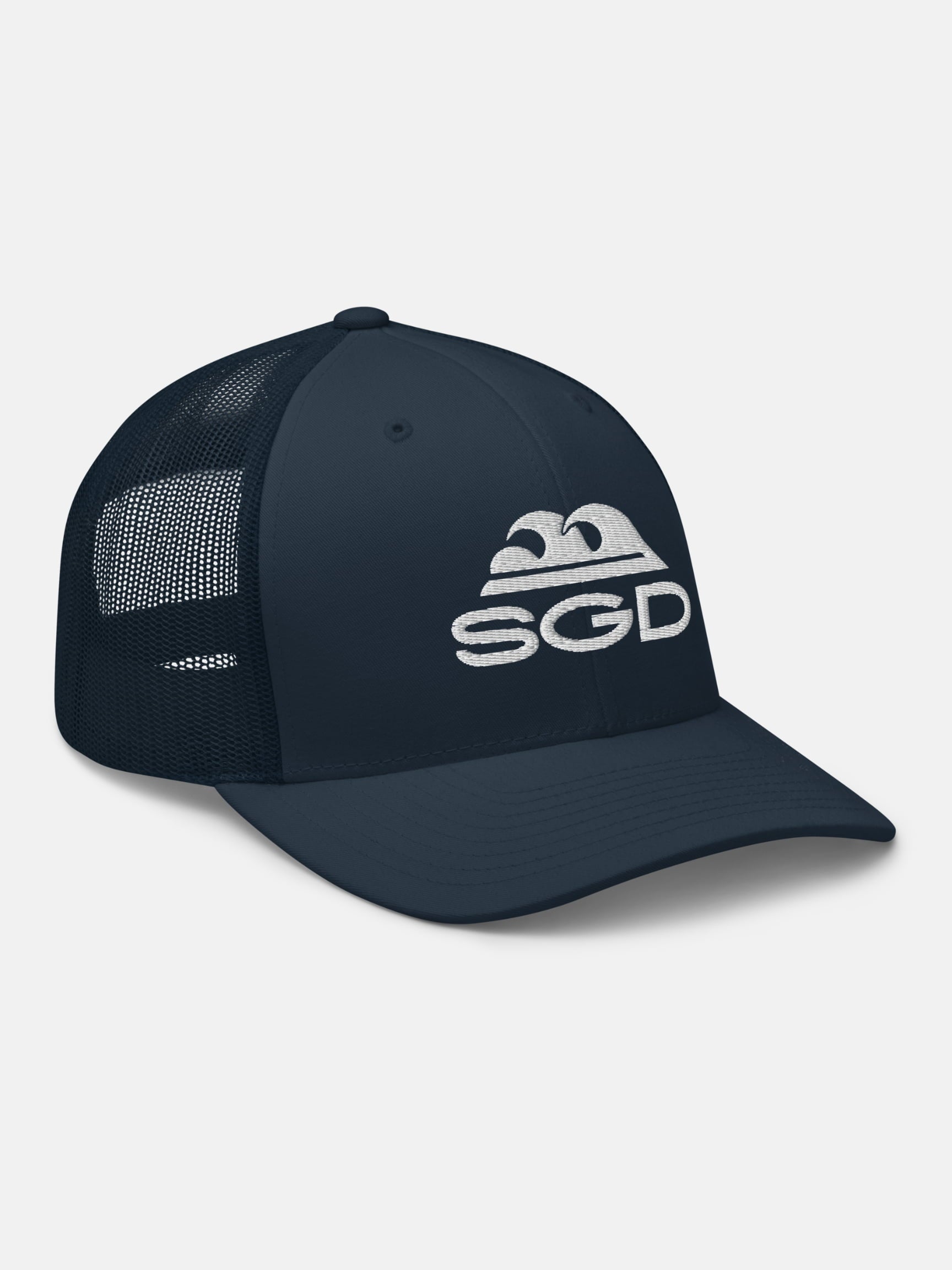 Blue Tide SGD Trucker Hat front right view in navy — Seas Get Degrees