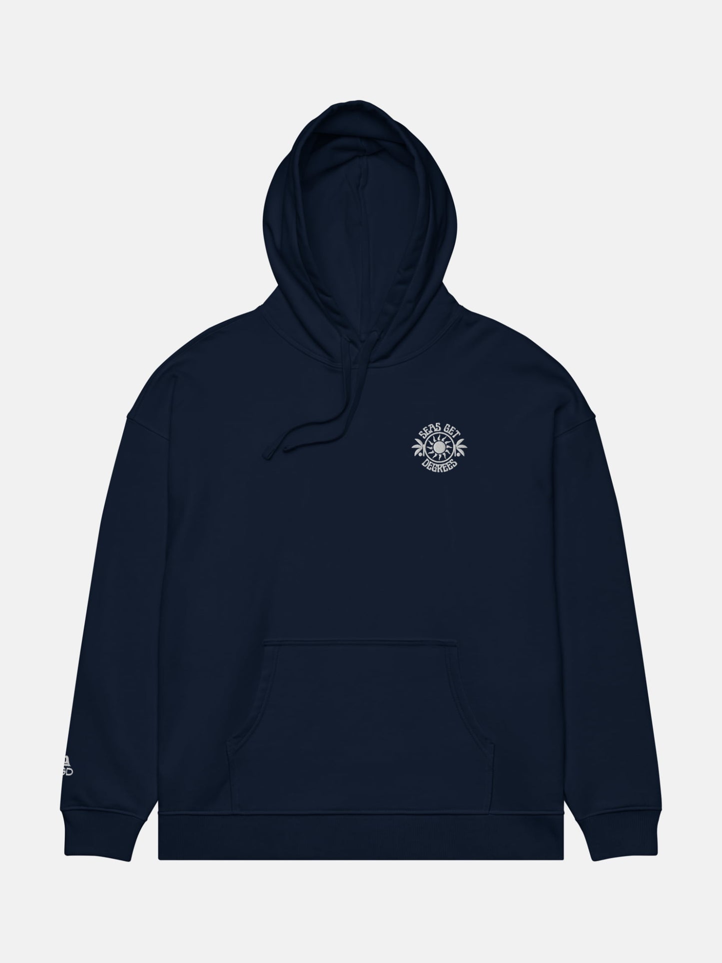 Chase the Sun Oversized Embroidered Hoodie flat lay front in navy — Seas Get Degrees