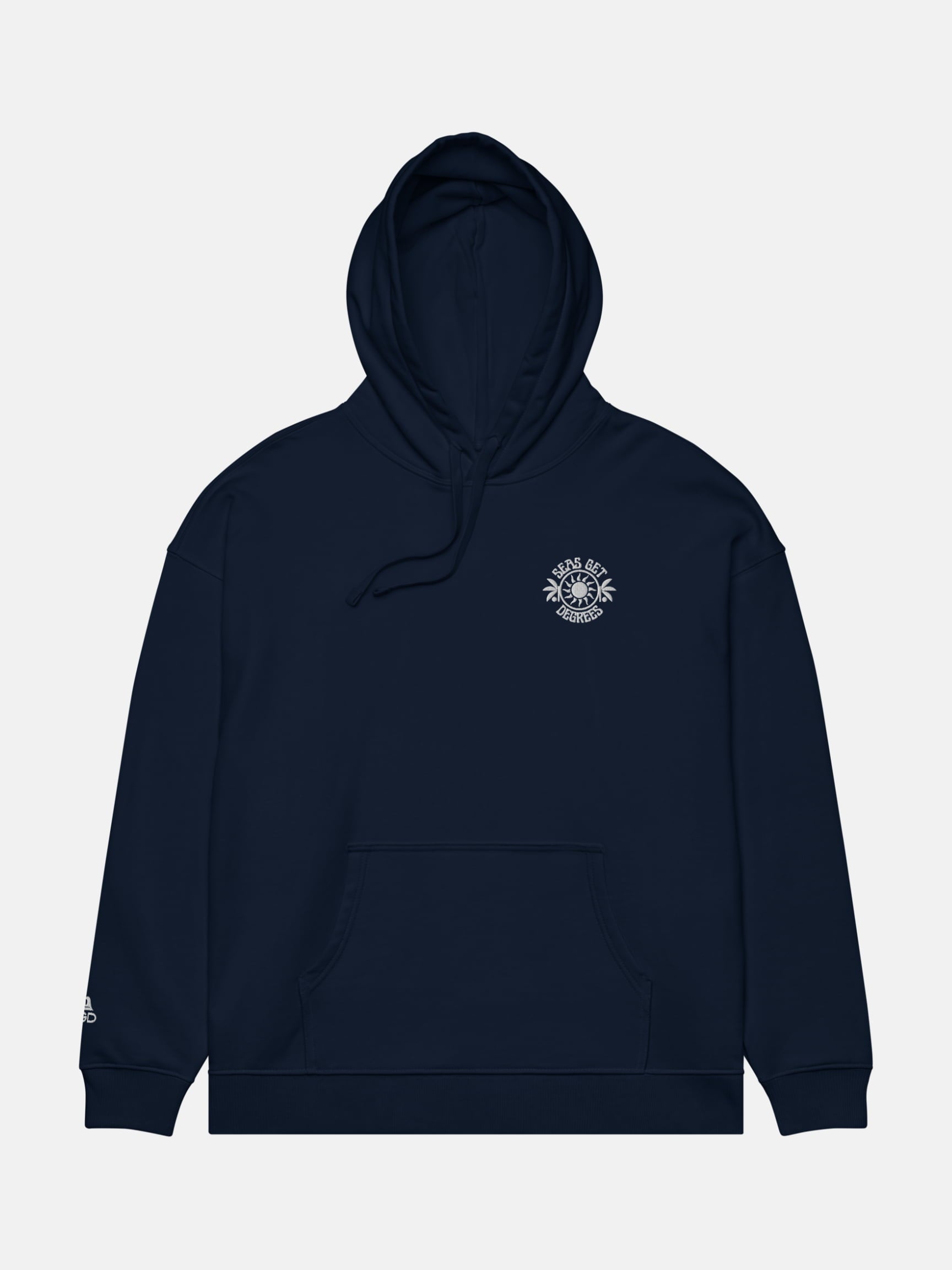 Chase the Sun Oversized Embroidered Hoodie flat lay front in navy — Seas Get Degrees