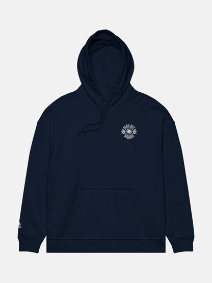 Chase the Sun Oversized Embroidered Hoodie flat lay front in navy — Seas Get Degrees