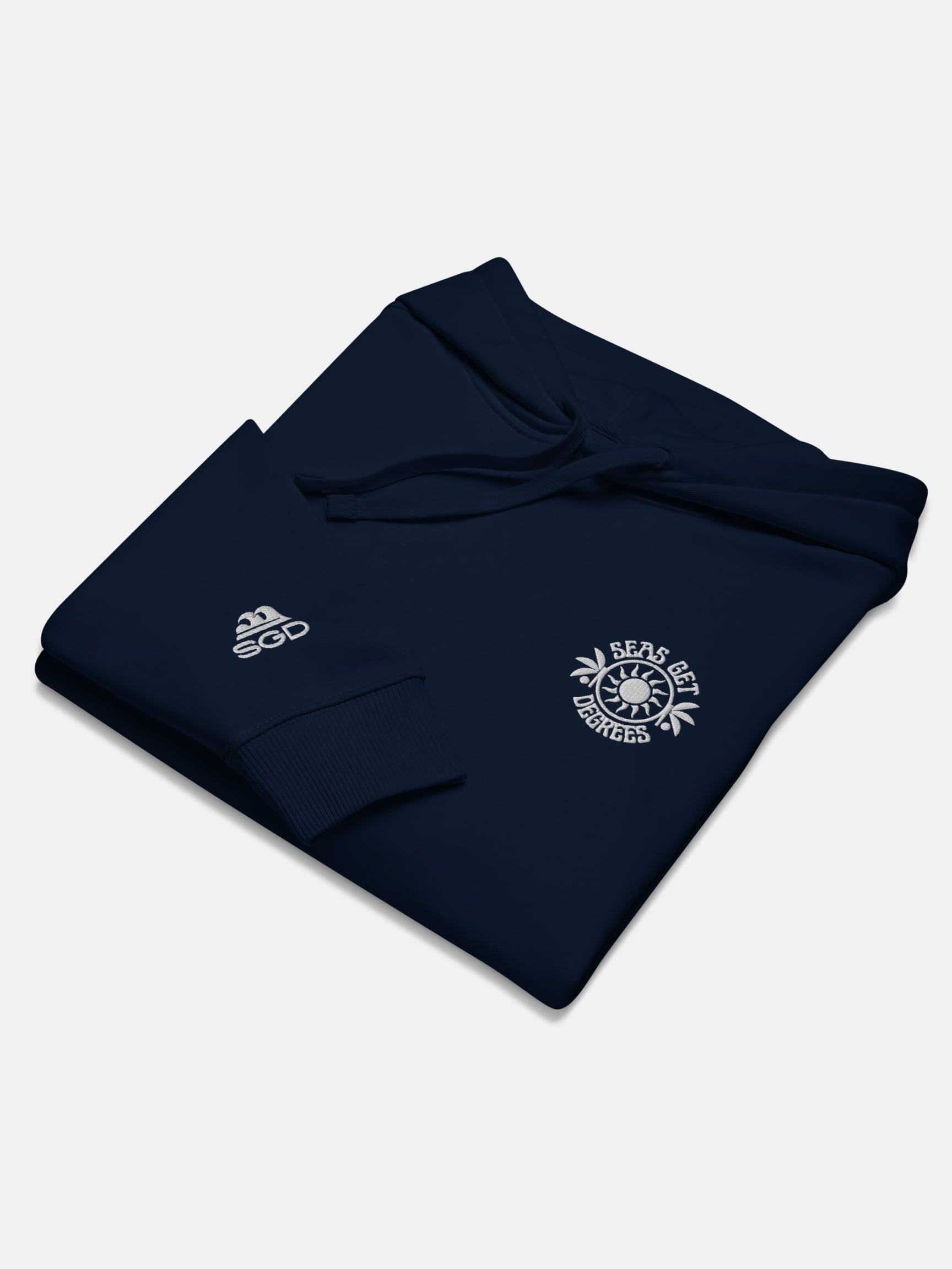 Chase the Sun Oversized Embroidered Hoodie folded flat lay in navy — Seas Get Degrees