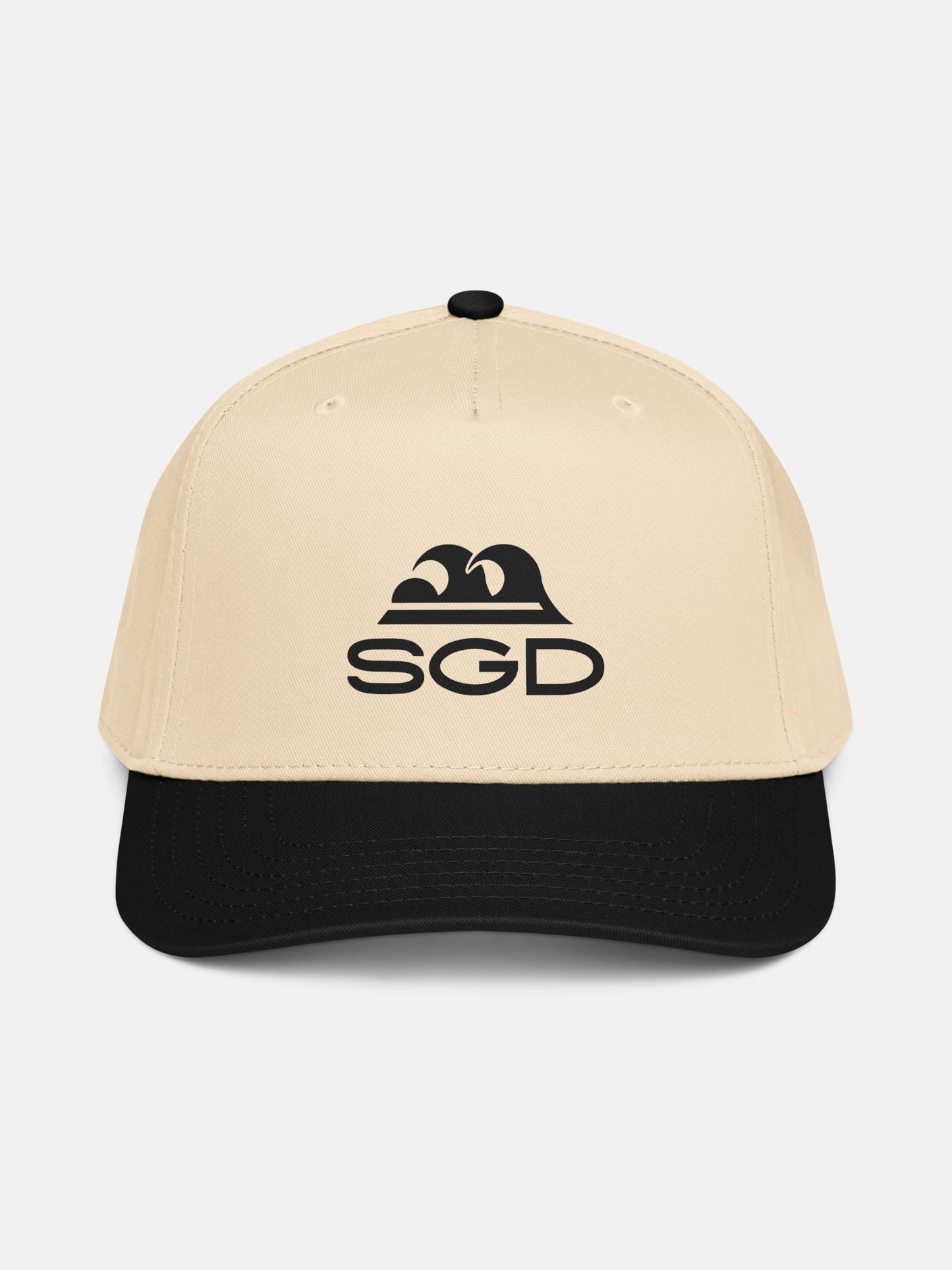 Classic SGD Snapback front view in black and natural — Seas Get Degrees coastal hat