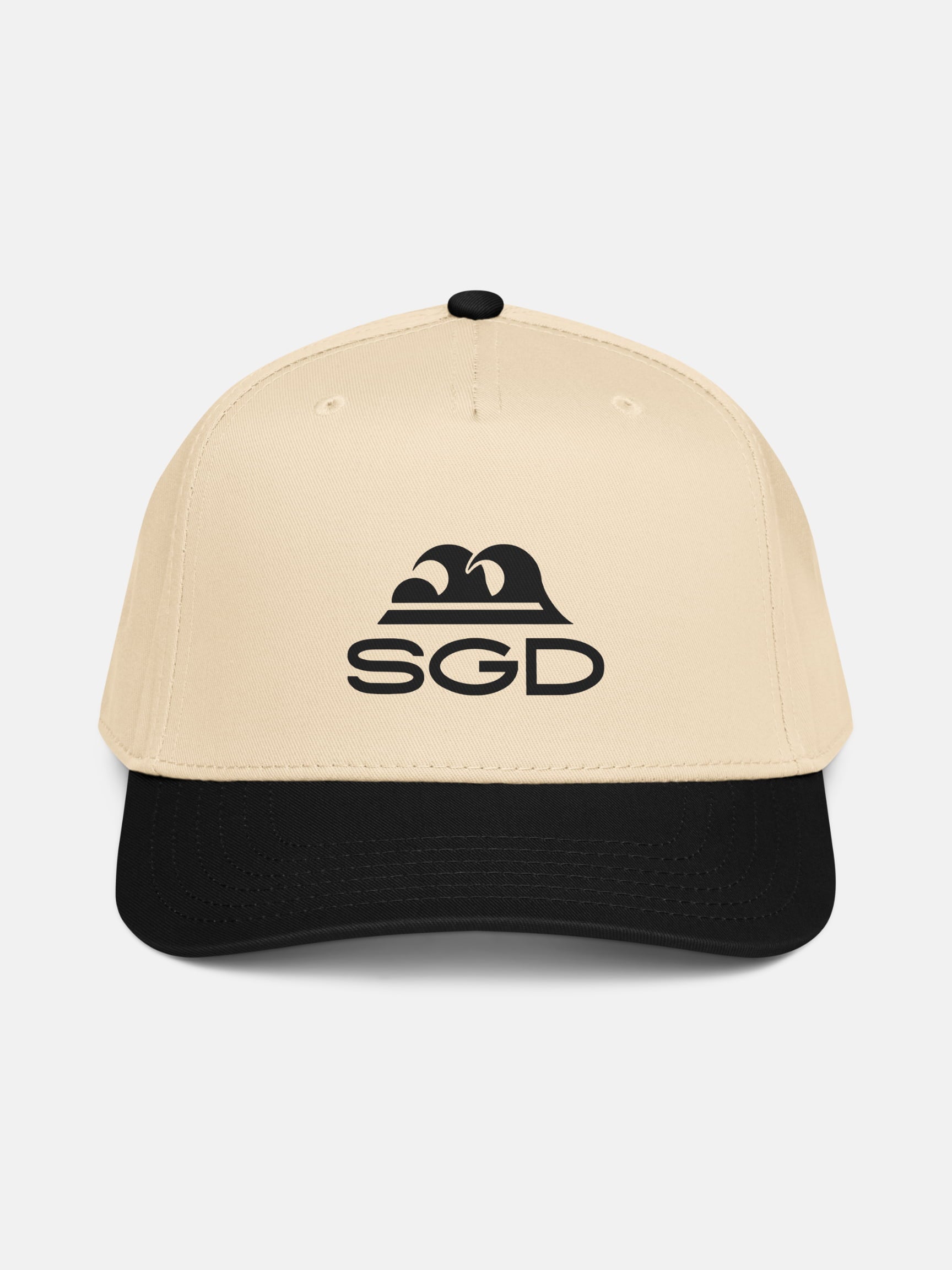 Classic SGD Snapback front view in black and natural — Seas Get Degrees coastal hat