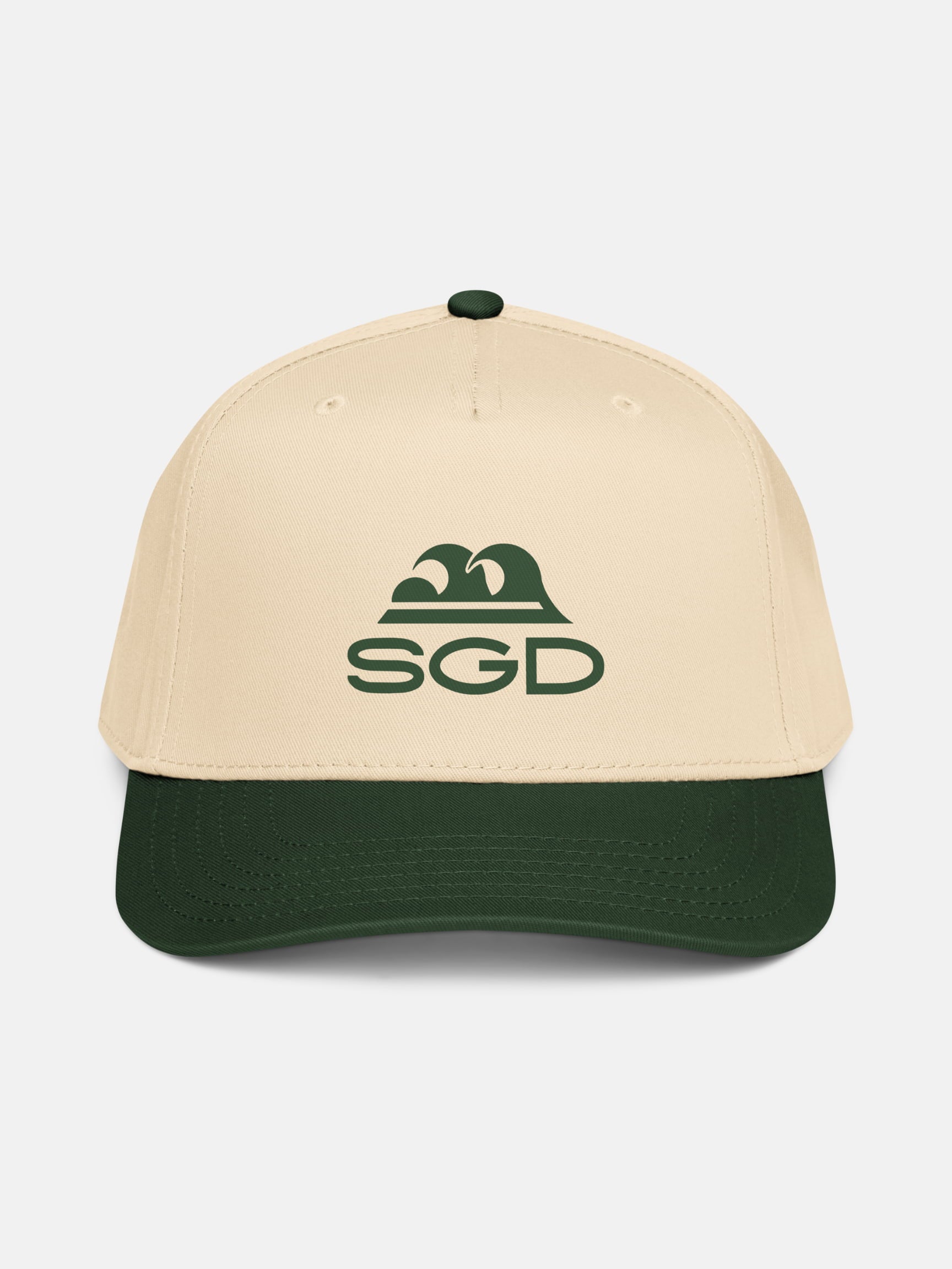 Classic SGD Snapback front view in green and natural — Seas Get Degrees coastal hat