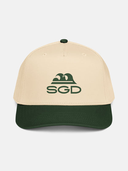 Classic SGD Snapback front view in green and natural — Seas Get Degrees coastal hat