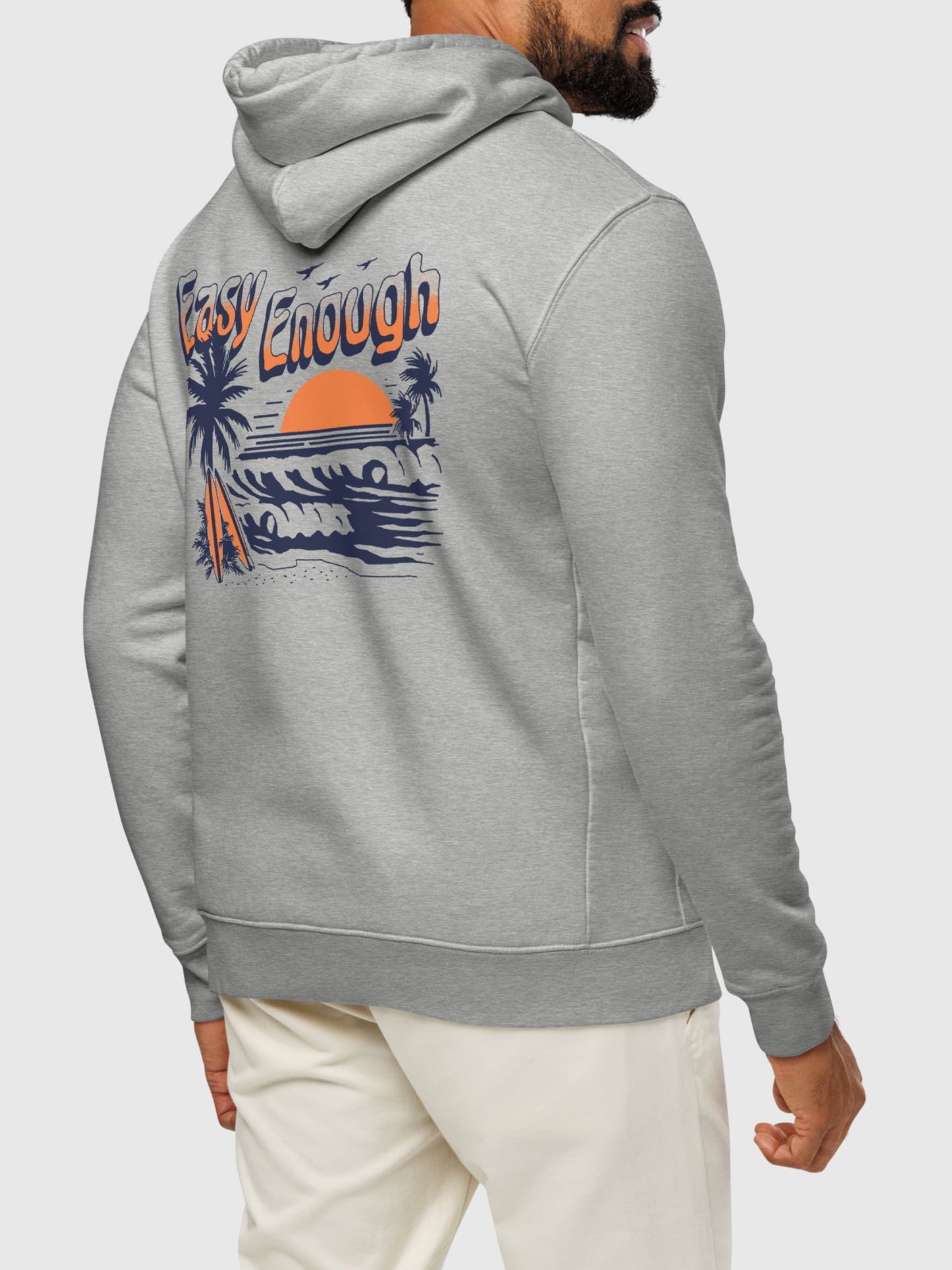 Model wearing Easy Enough Cruiser Hoodie back in heather grey — Seas Get Degrees men's coastal hoodie