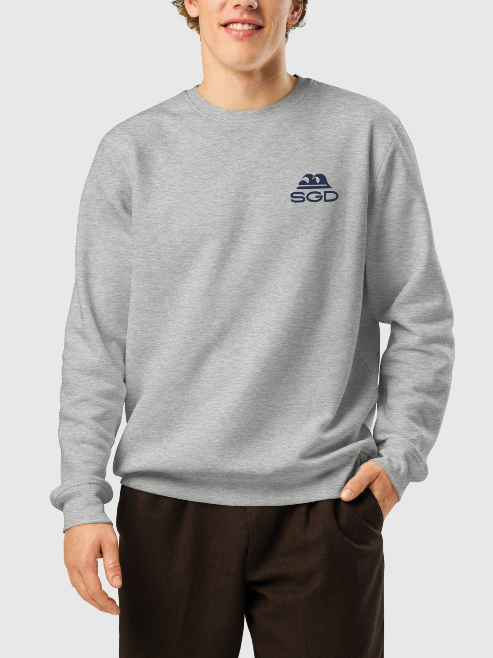 Model wearing Easy Enough Roller Sweatshirt front in heather grey — Seas Get Degrees men's coastal sweatshirt