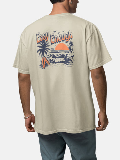 Model wearing Easy Enough Tee back in stone — Seas Get Degrees men's coastal tee