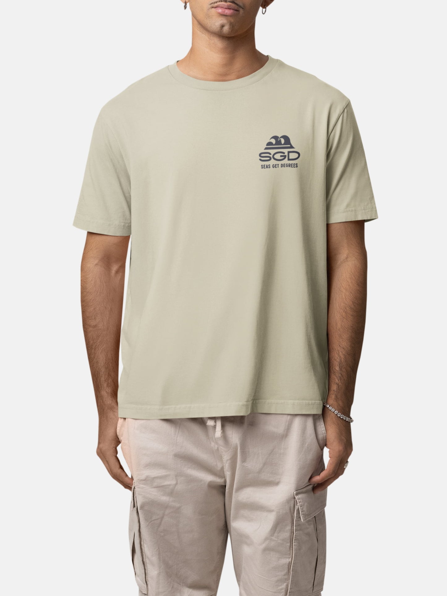 Model wearing Easy Enough Tee front in stone — Seas Get Degrees men's coastal tee