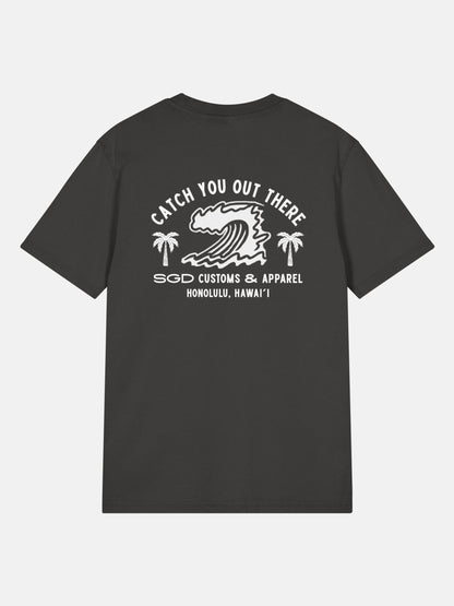 Endless Wave Tee back view in black rock — Seas Get Degrees coastal graphic tee