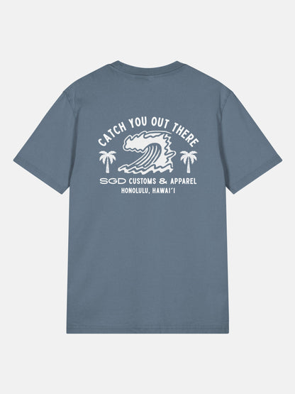 Endless Wave Tee back view in deep teal — Seas Get Degrees coastal graphic tee