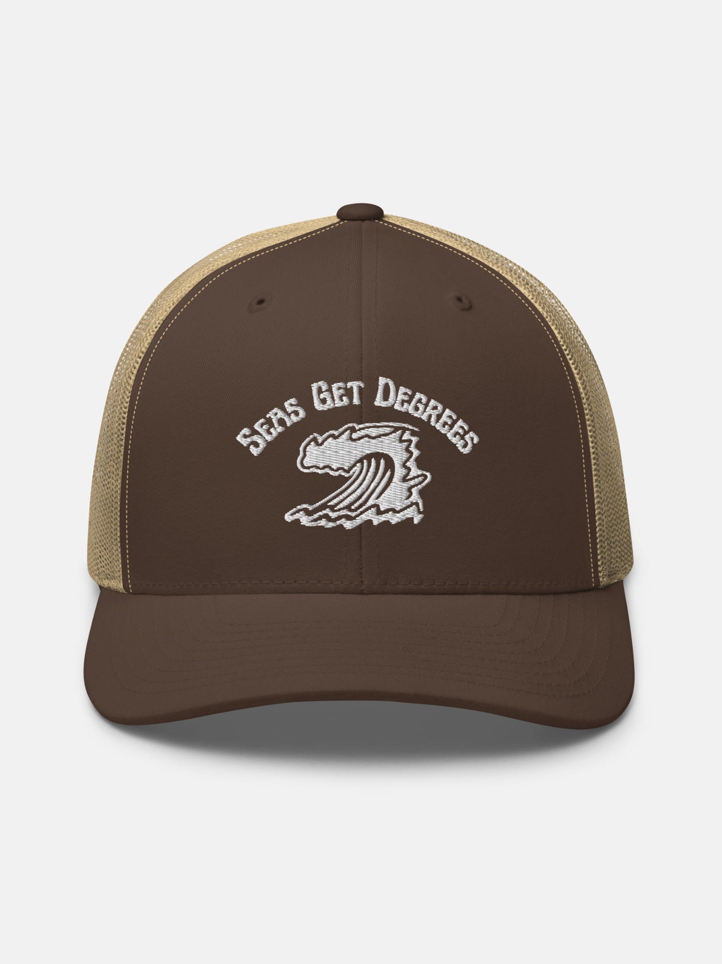 Endless Wave Trucker Hat front view in brown and khaki — Seas Get Degrees coastal hat