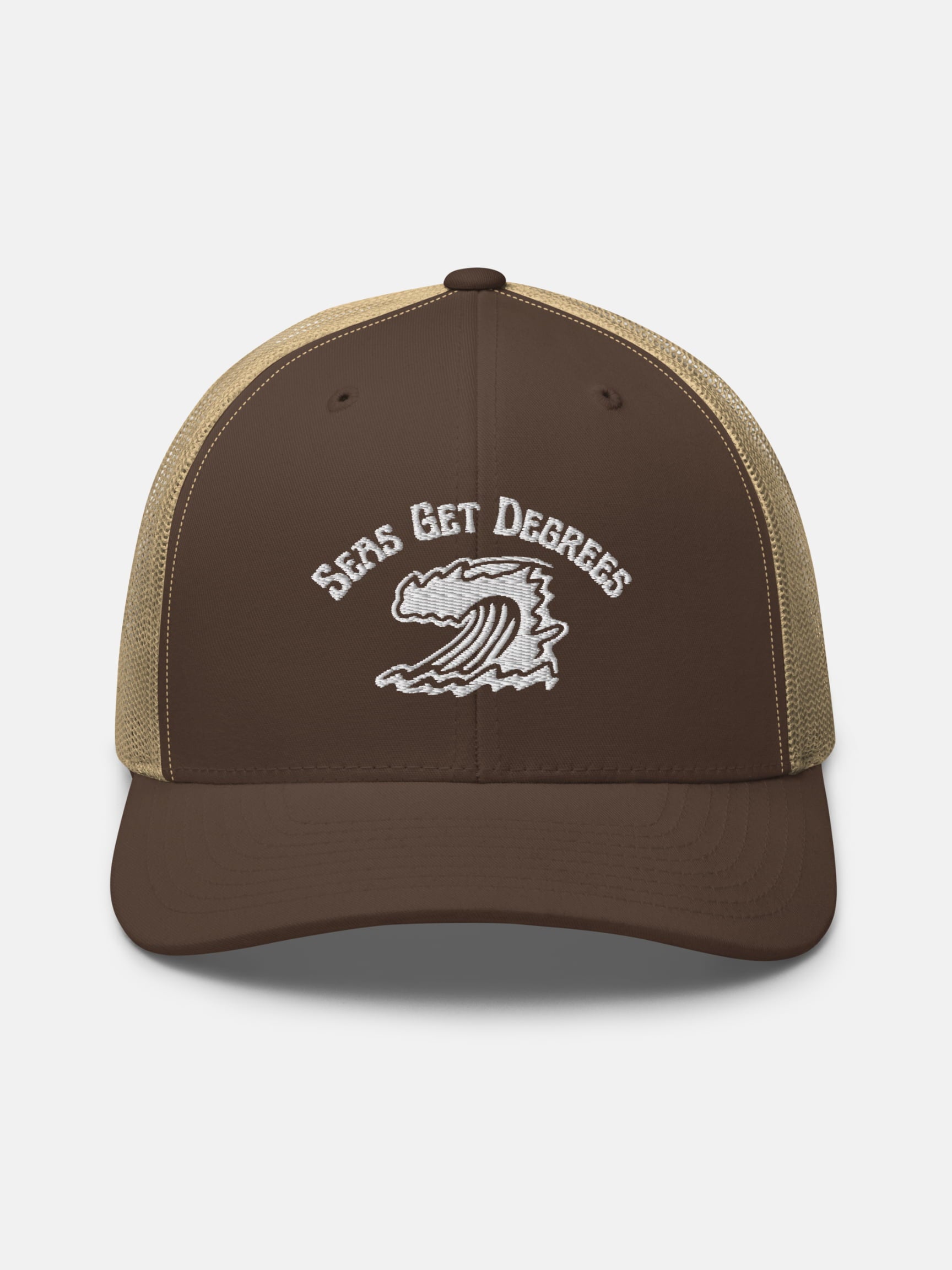 Endless Wave Trucker Hat front view in brown and khaki — Seas Get Degrees coastal hat