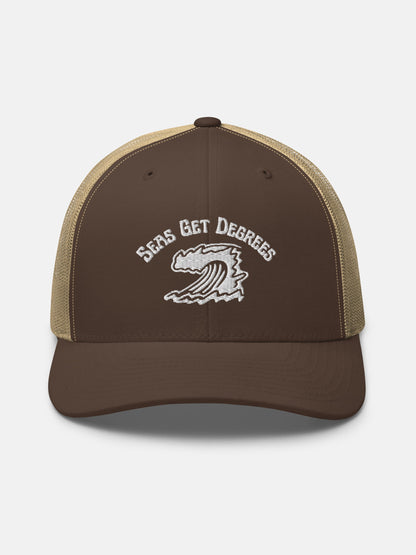 Endless Wave Trucker Hat front view in brown and khaki — Seas Get Degrees coastal hat