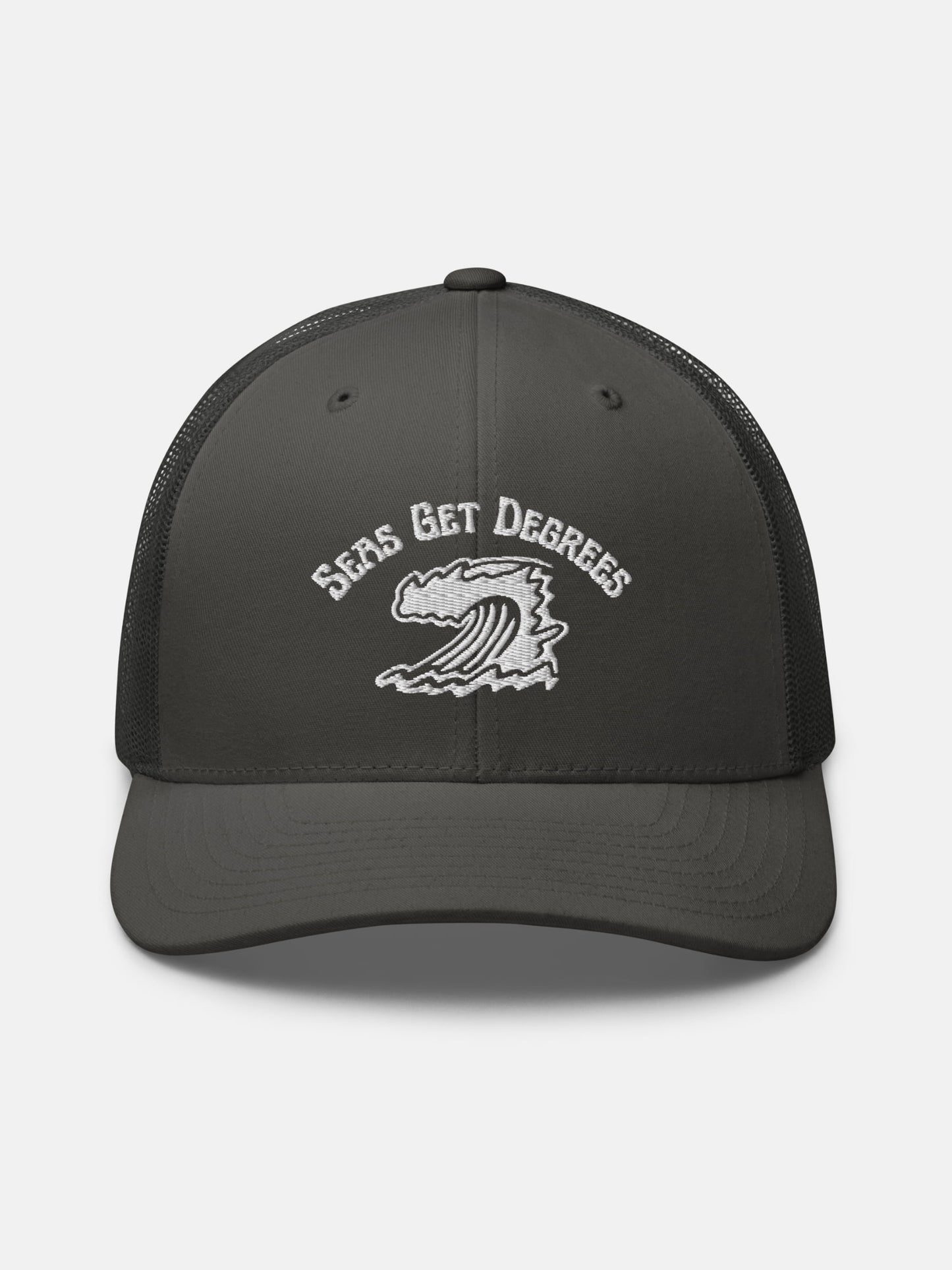 Endless Wave Trucker Hat front view in charcoal — Seas Get Degrees coastal hat