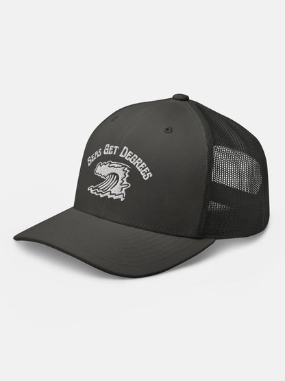 Endless Wave Trucker Hat front left view in charcoal — Seas Get Degrees coastal hat