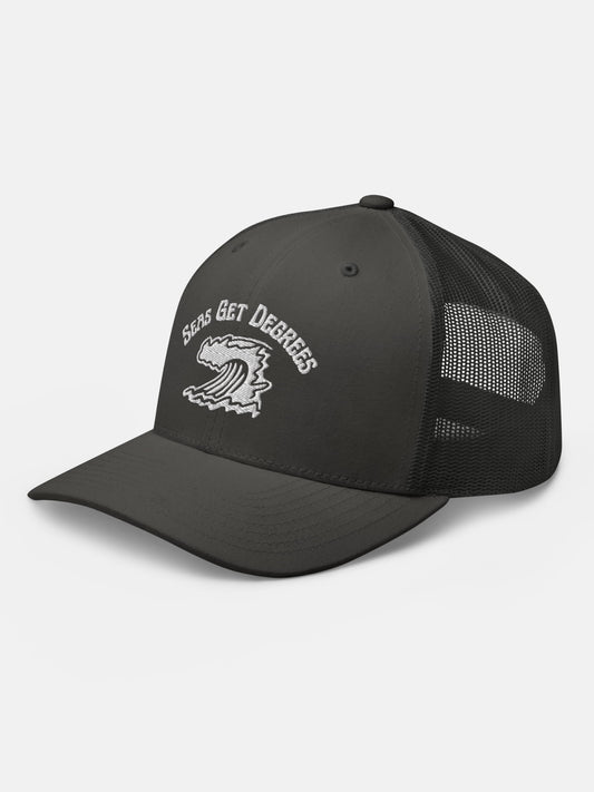 Endless Wave Trucker Hat front left view in charcoal — Seas Get Degrees coastal hat