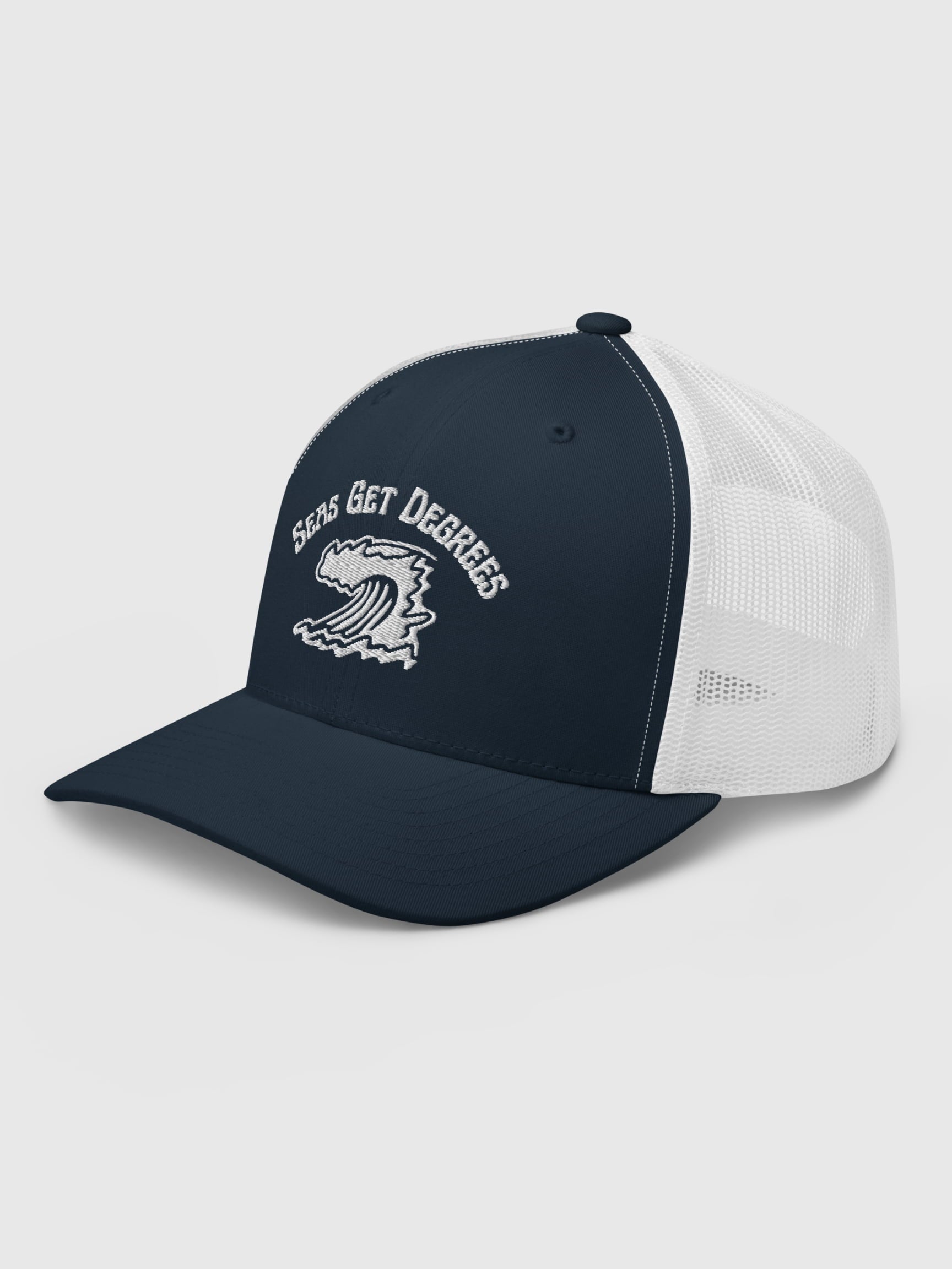Endless Wave Trucker Hat front left view in navy and white — Seas Get Degrees coastal hat