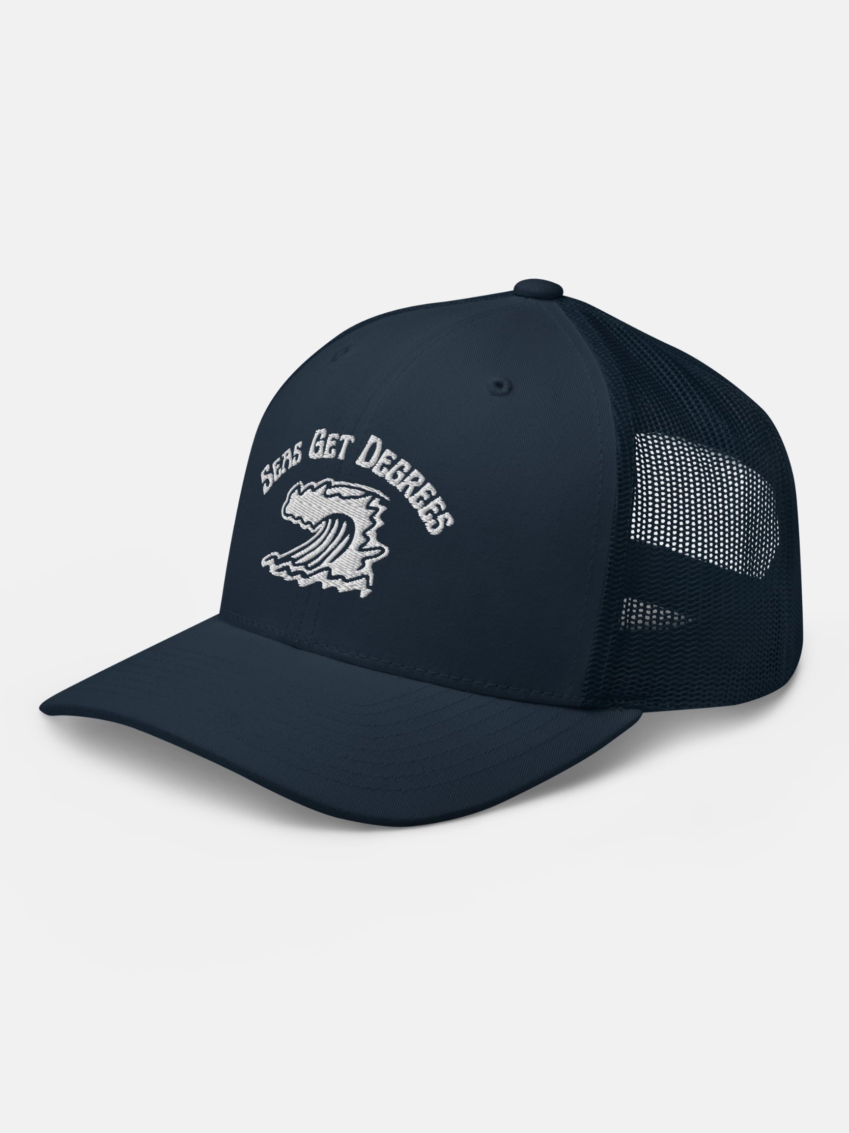 Endless Wave Trucker Hat front left view in navy — Seas Get Degrees coastal hat