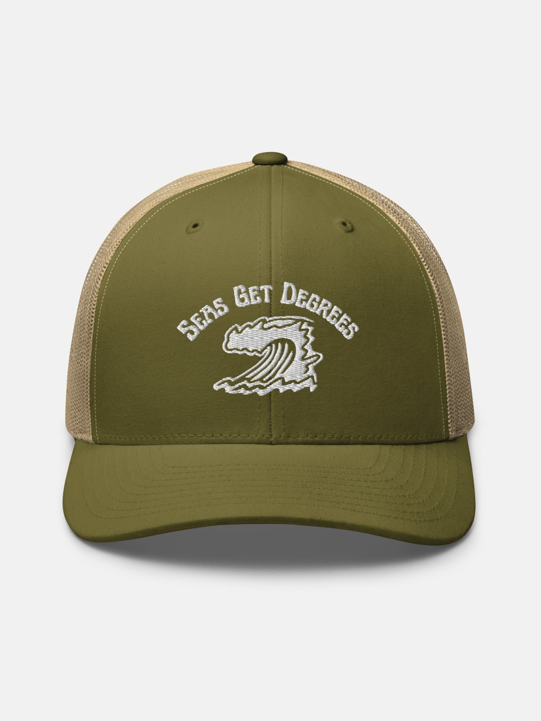 Endless Wave Trucker Hat front view in moss and khaki — Seas Get Degrees coastal hat