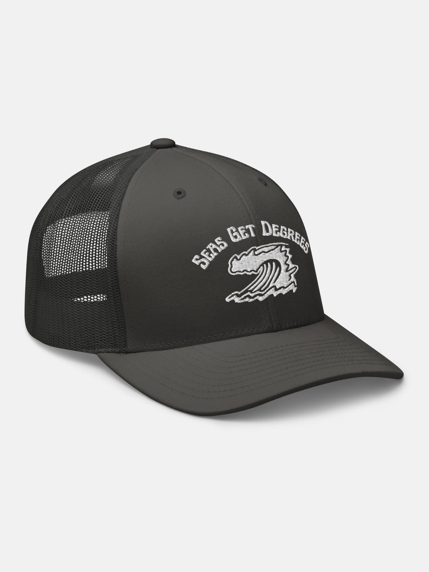 Endless Wave Trucker Hat front right view in charcoal — Seas Get Degrees