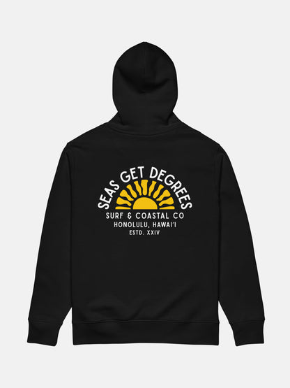 Golden Tide Cruiser Hoodie flat lay back in black — Seas Get Degrees