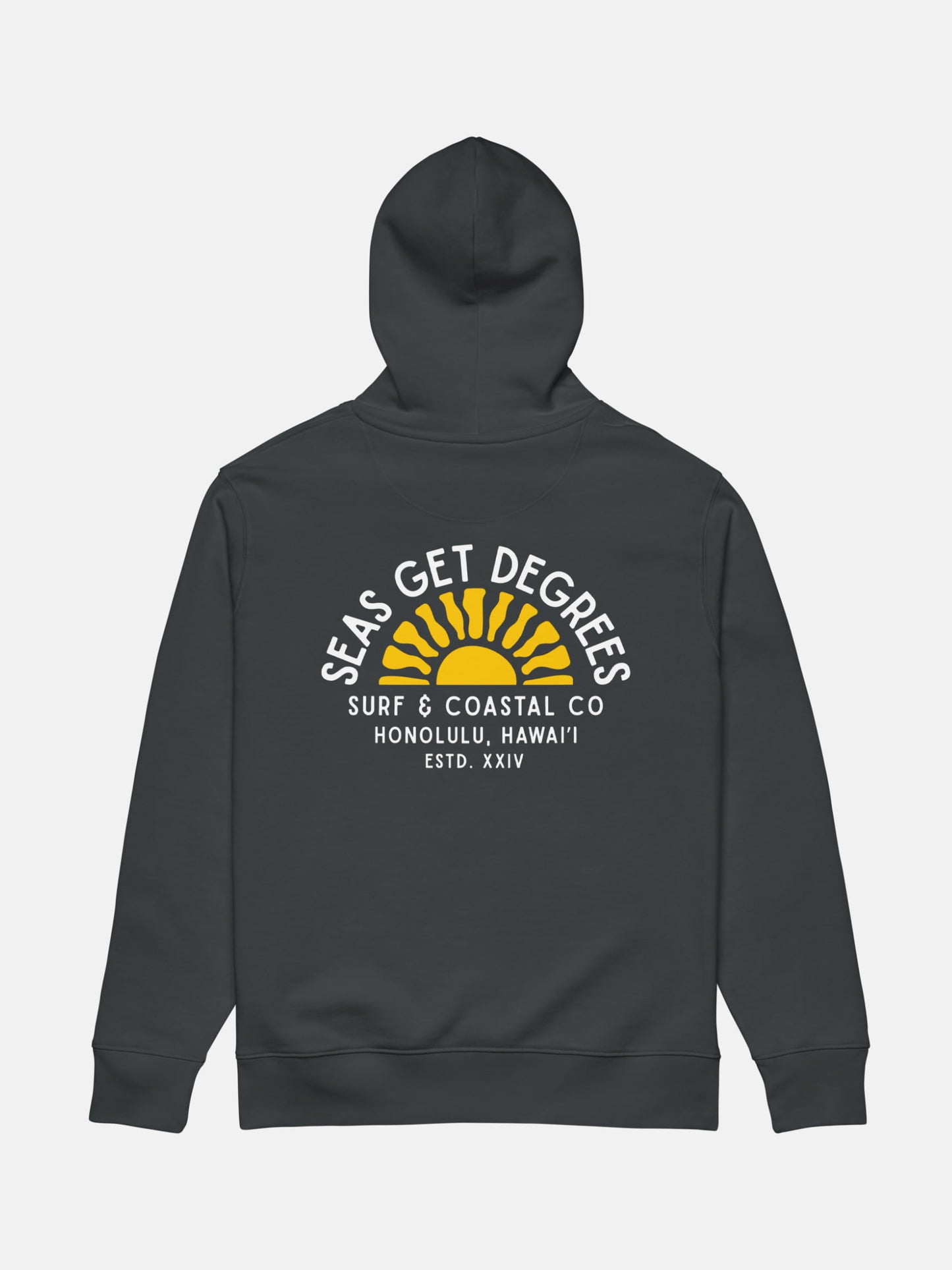 Golden Tide Cruiser Hoodie flat lay back in indian ink grey — Seas Get Degrees