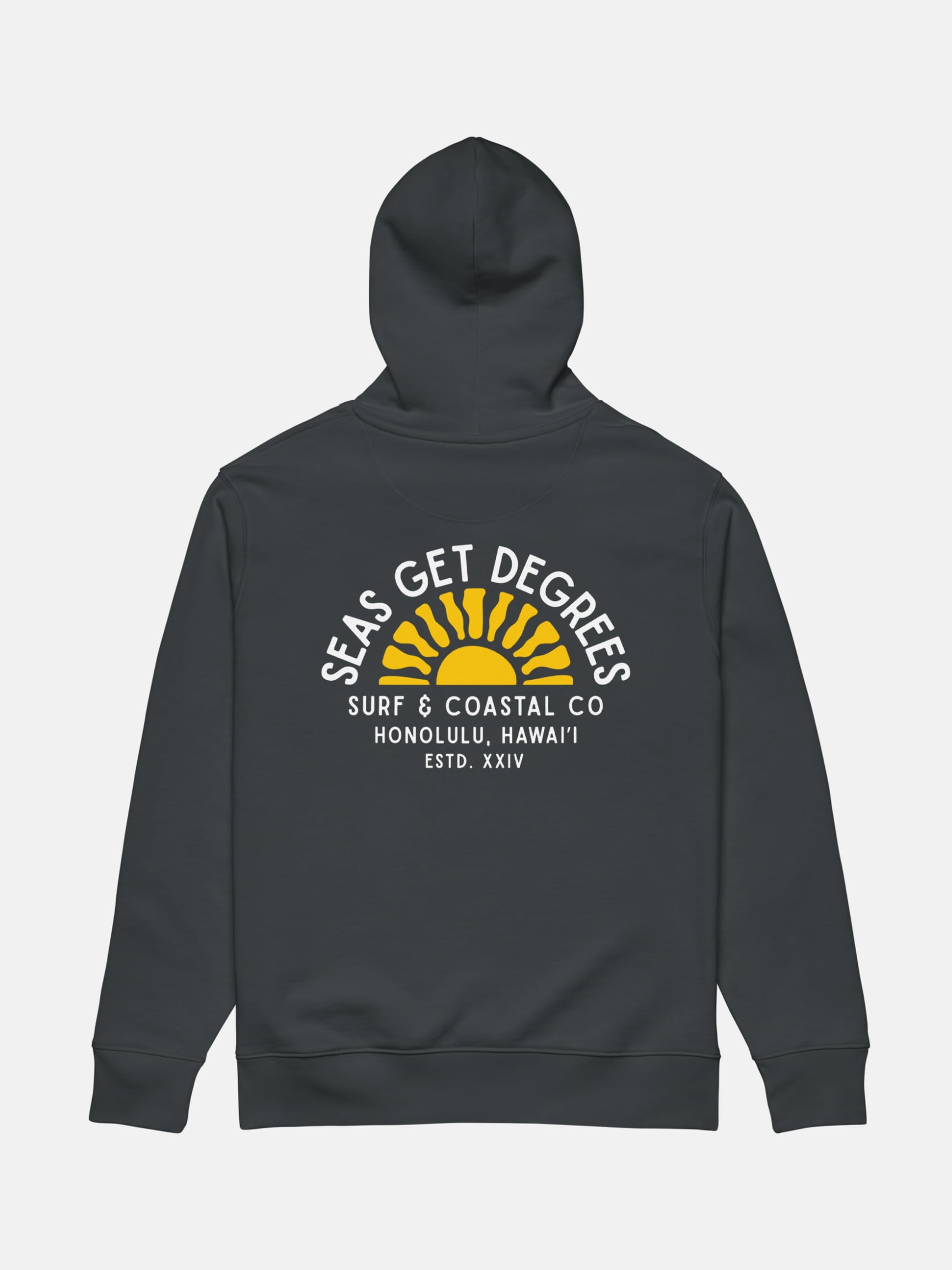 Golden Tide Cruiser Hoodie flat lay back in indian ink grey — Seas Get Degrees