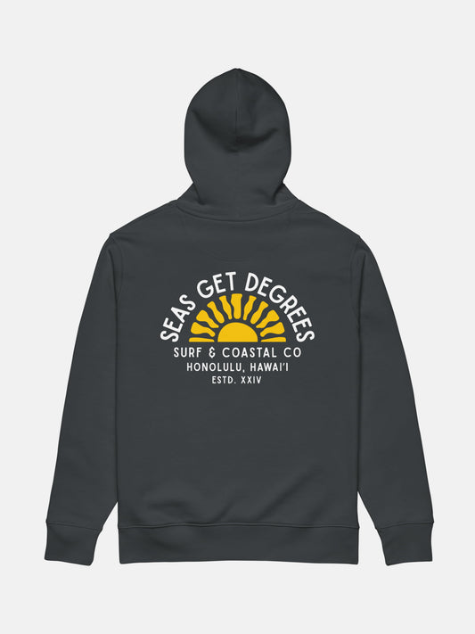 Golden Tide Cruiser Hoodie flat lay back in indian ink grey — Seas Get Degrees