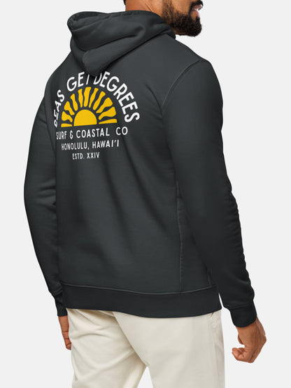 Model wearing Golden Tide Cruiser Hoodie back in indian ink grey — Seas Get Degrees men's coastal hoodie
