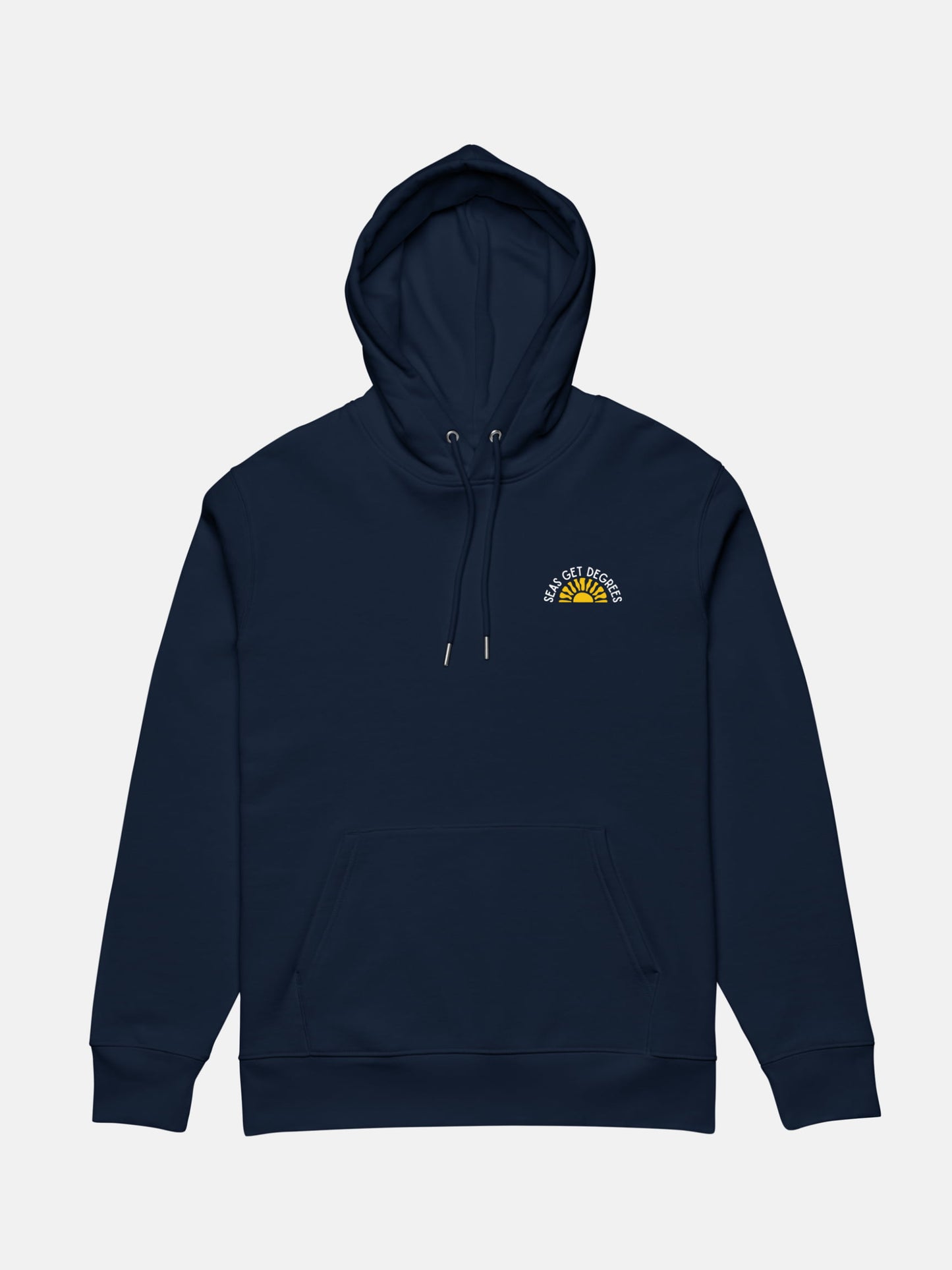 Golden Tide Cruiser Hoodie flat lay front in french navy — Seas Get Degrees