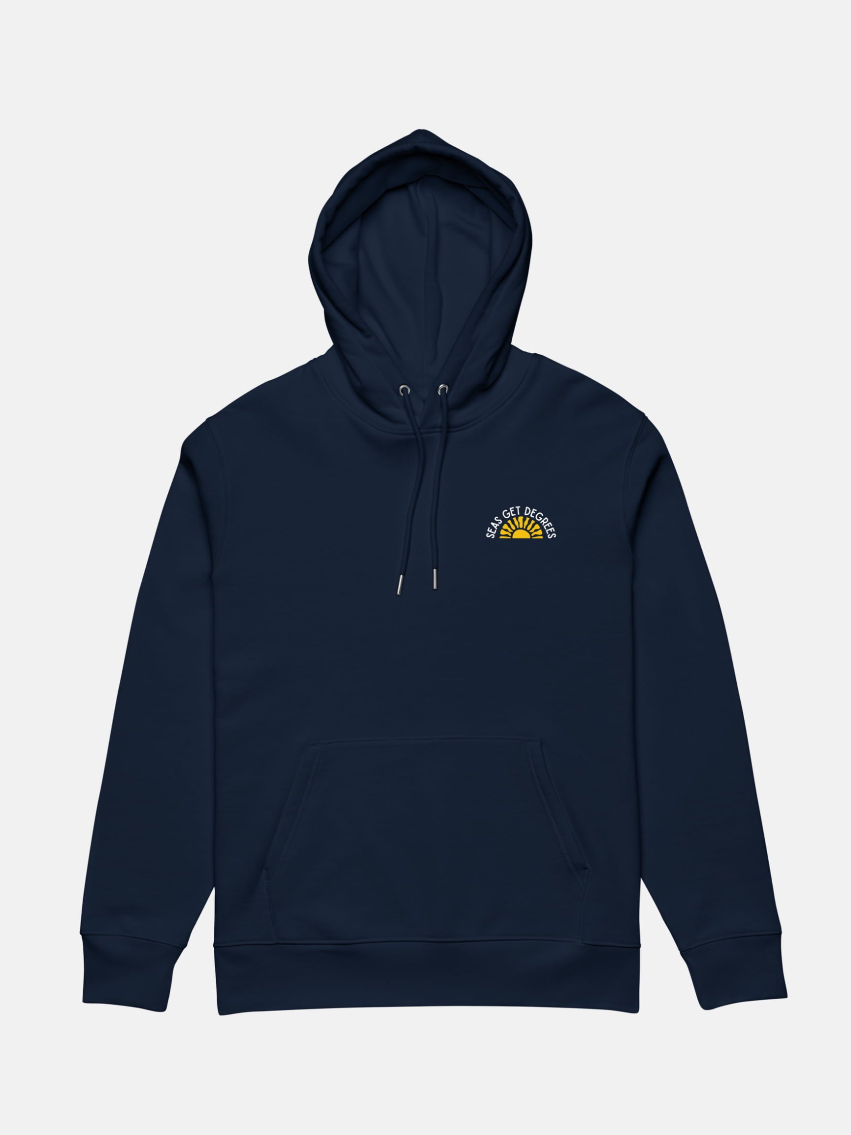 Golden Tide Cruiser Hoodie flat lay front in french navy — Seas Get Degrees