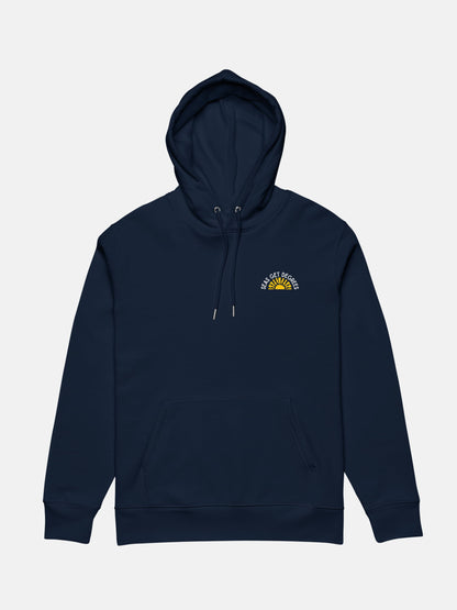 Golden Tide Cruiser Hoodie flat lay front in french navy — Seas Get Degrees