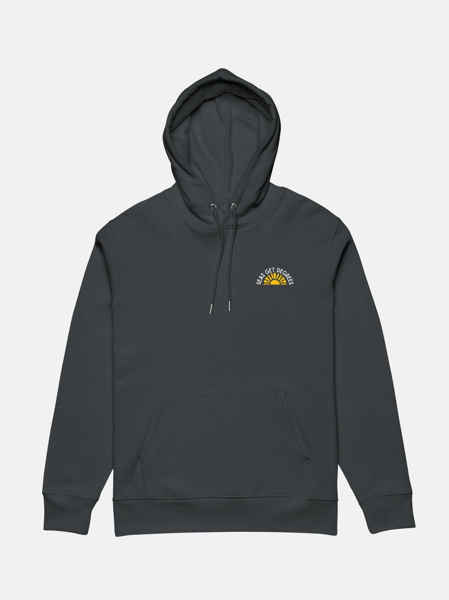 Golden Tide Cruiser Hoodie flat lay front in indian ink grey — Seas Get Degrees