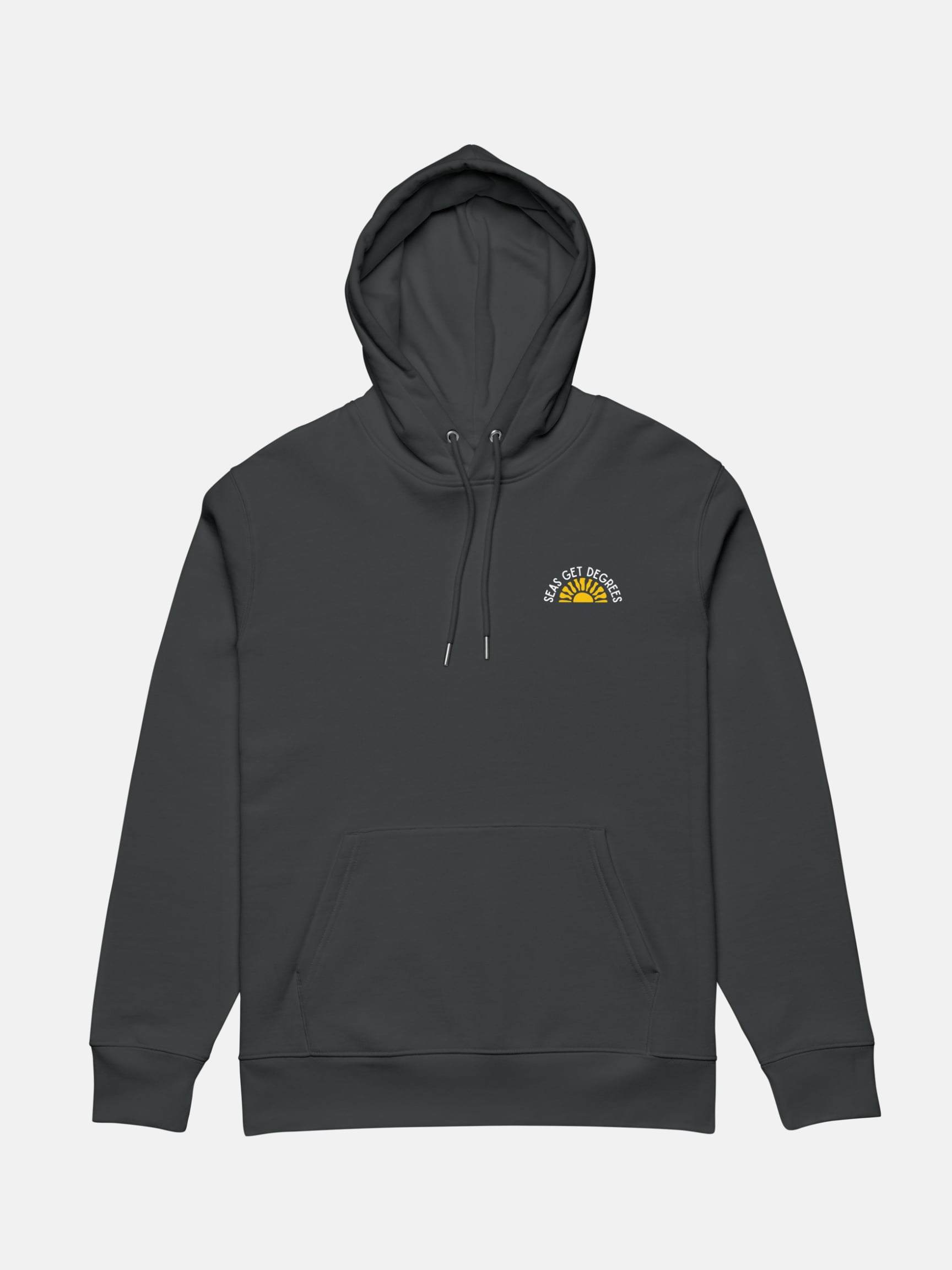 Golden Tide Cruiser Hoodie flat lay front in indian ink grey — Seas Get Degrees