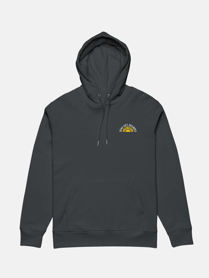 Golden Tide Cruiser Hoodie flat lay front in indian ink grey — Seas Get Degrees