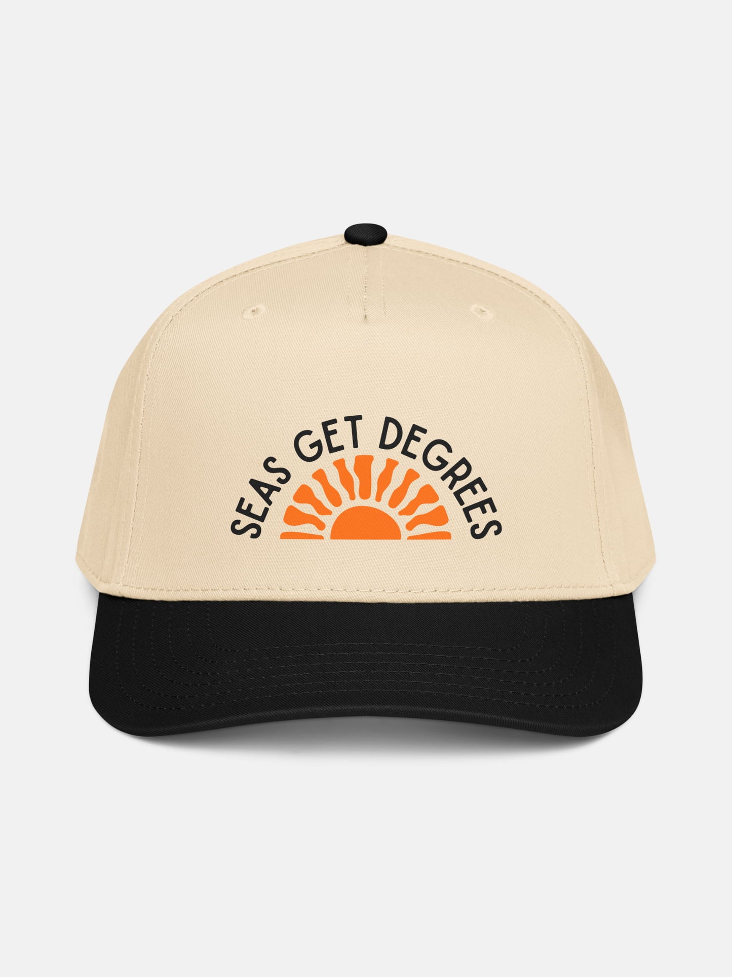Golden Tide Snapback front view in black and natural — Seas Get Degrees coastal hat