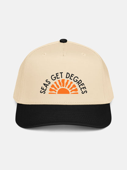 Golden Tide Snapback front view in black and natural — Seas Get Degrees coastal hat
