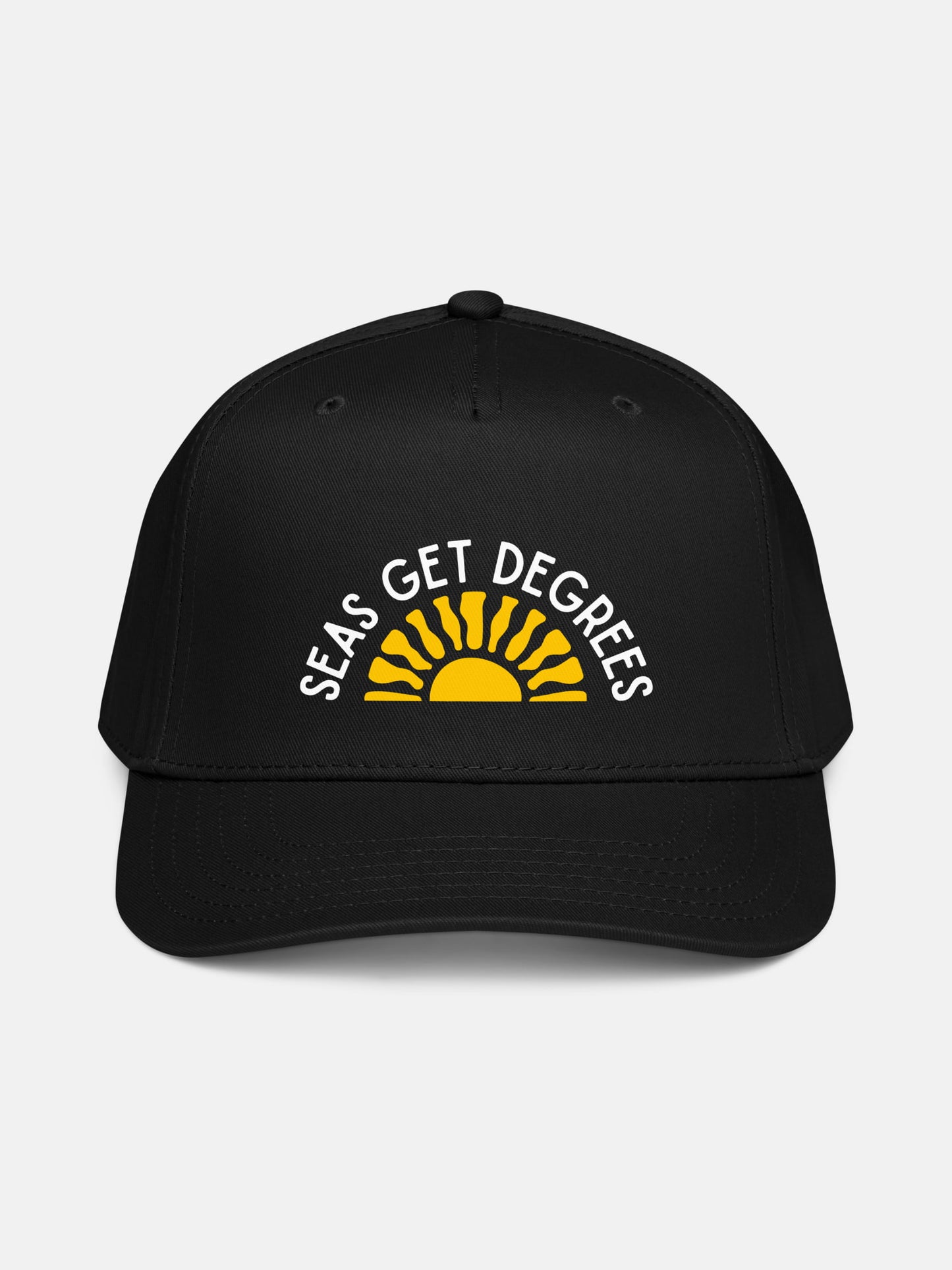 Golden Tide Snapback front view in black — Seas Get Degrees coastal hat