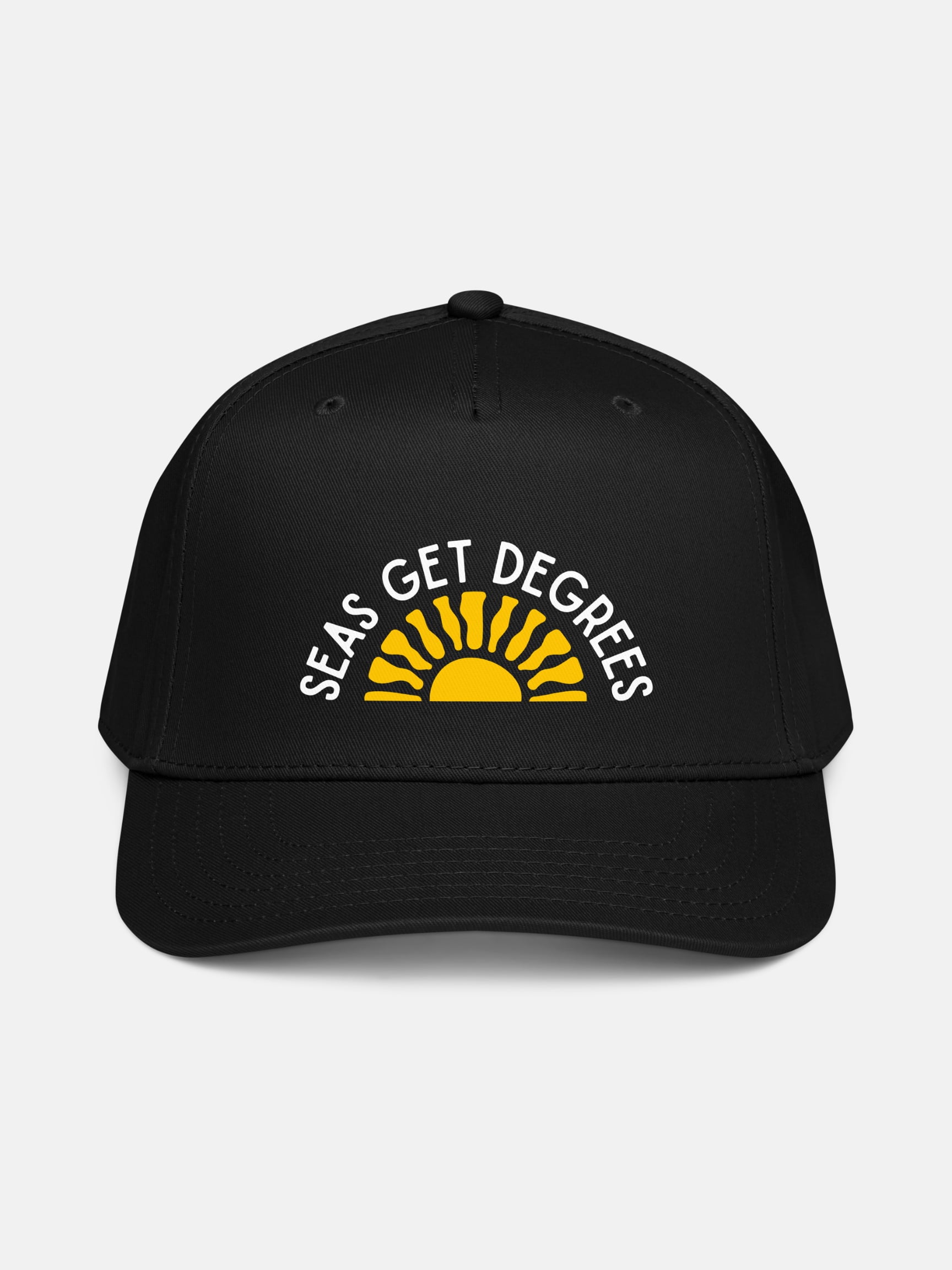 Golden Tide Snapback front view in black — Seas Get Degrees coastal hat