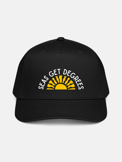 Golden Tide Snapback front view in black — Seas Get Degrees coastal hat