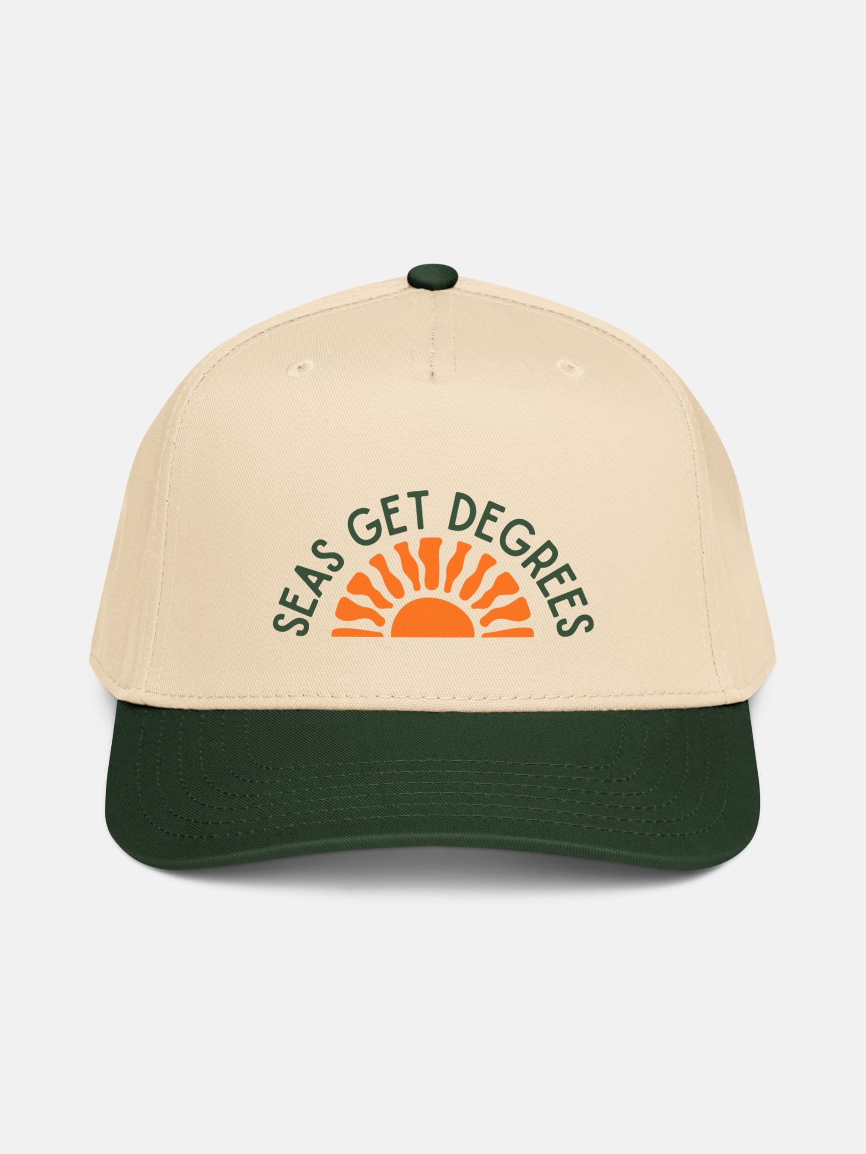 Golden Tide Snapback front view in green and natural — Seas Get Degrees coastal hat